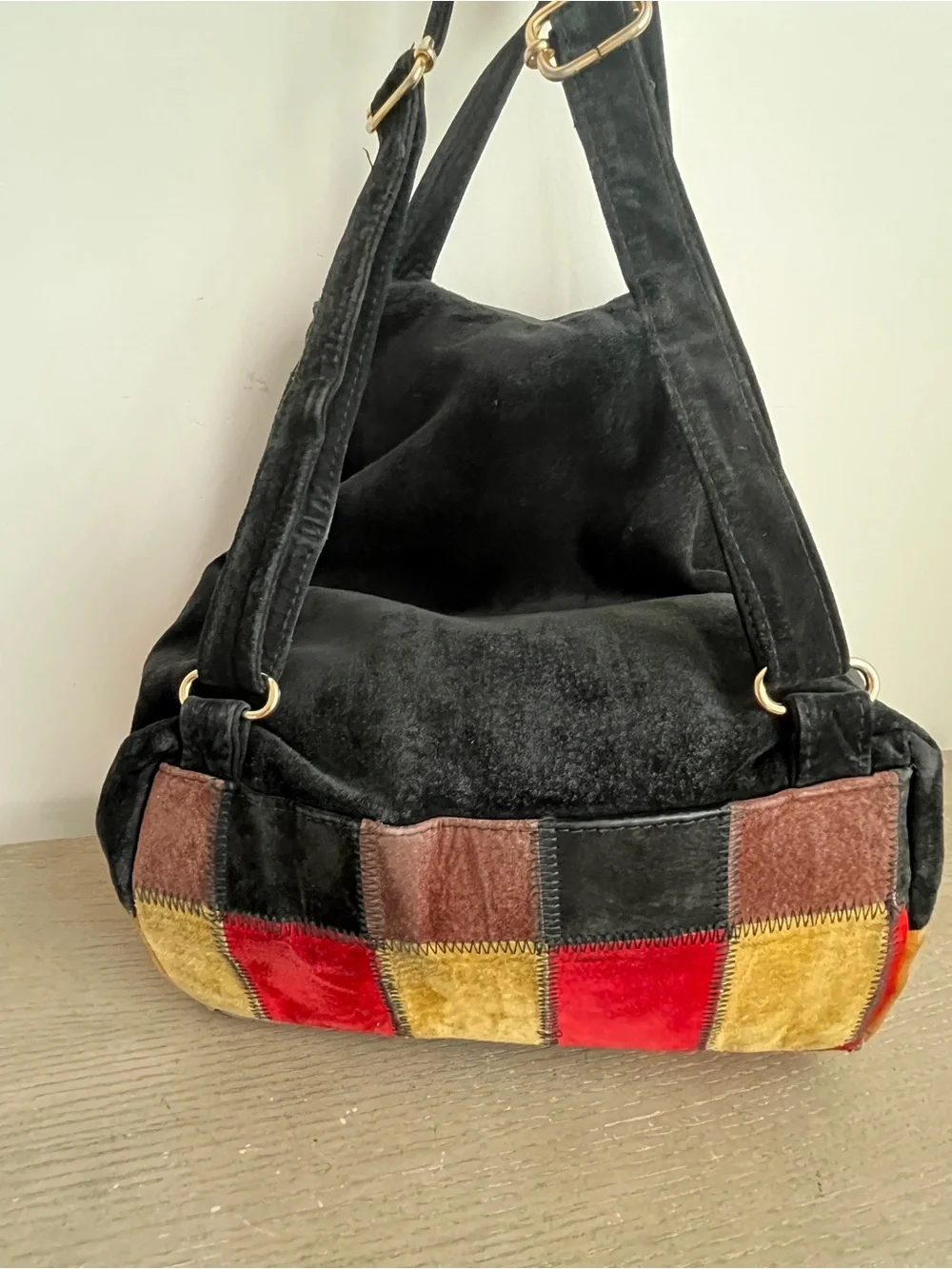 Vintage Barneys New York Made in Italy Suede Patchwork Drawstring Backpack Bag
